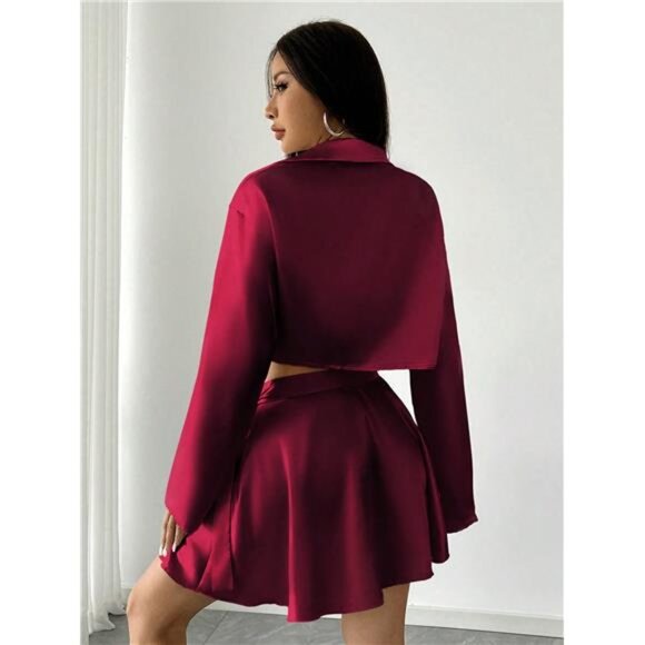 2pcs Women 1-Button Satin Blouse & Mini Skirt Set, Autumn - Picture 2 of 7